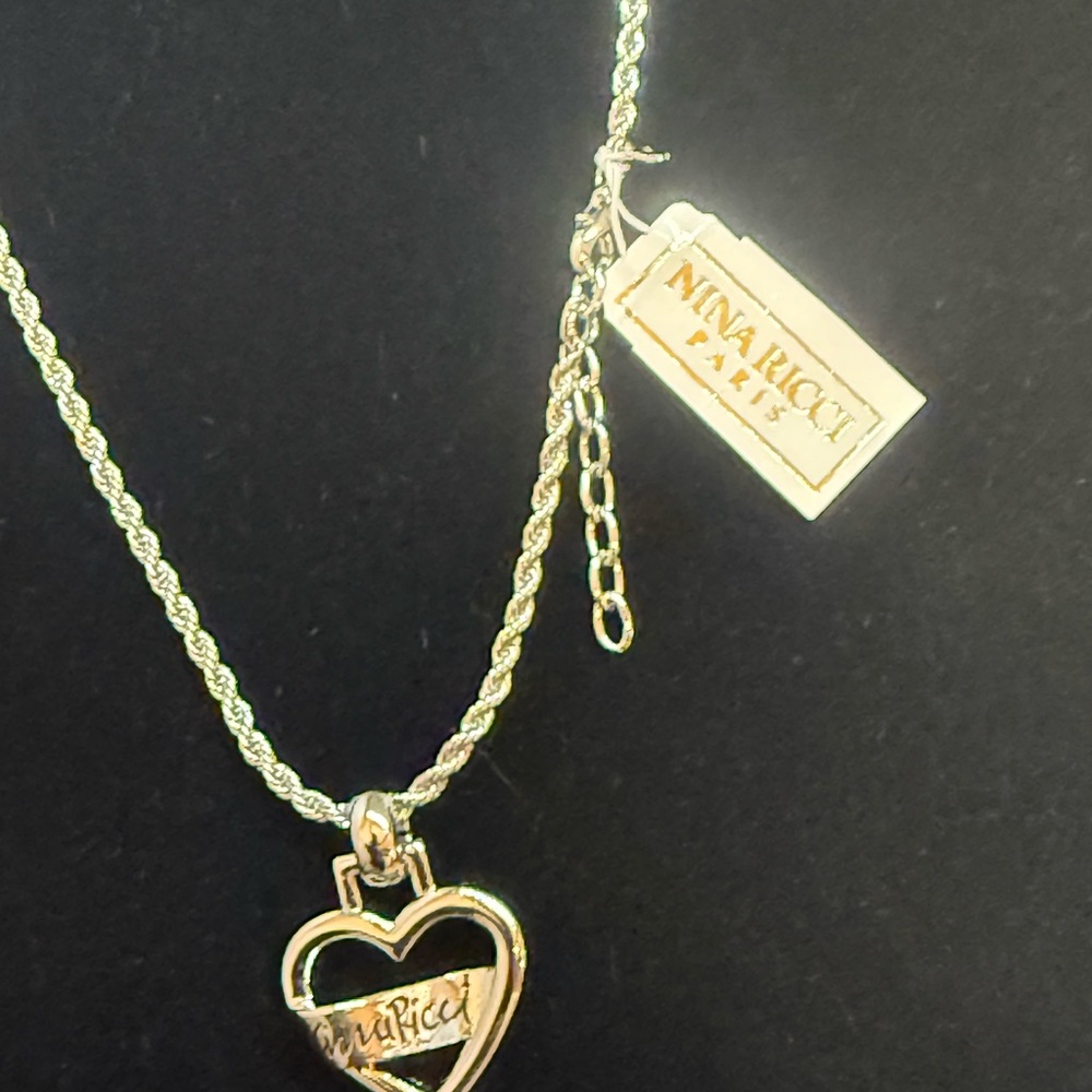 Nina Ricci Silver Gold Heart Signature Necklace Luxury Mixed Metal Design NWT - Picture 2 of 5